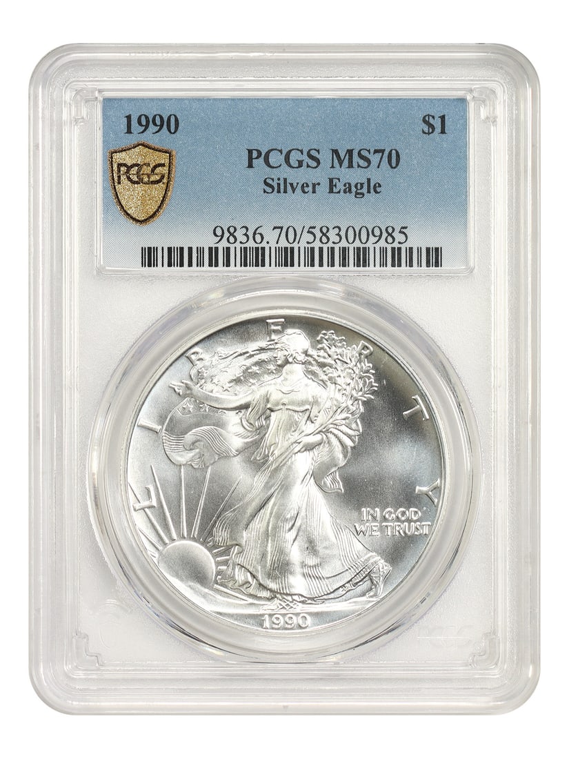 PCGS MS70 1990 $1 American Silver Eagle: PCGS MS70 1990 $1 American Silver Eagle This 1990 $1 Silver Eagle is a bullion coin graded MS70 by PCGS, indicating a perfect uncirculated condition. Struck in Philadelphia, it is part of the Silver E