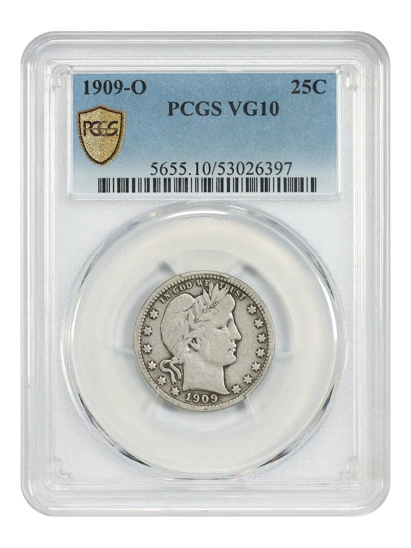 PCGS VG10 1909-O Barber Quarter New Orleans: PCGS VG10 1909-O Barber Quarter New Orleans This is a 1909-O Barber Quarter graded VG10 by PCGS. The coin is a circulated example from the New Orleans Mint and is considered a scarce and underrated da