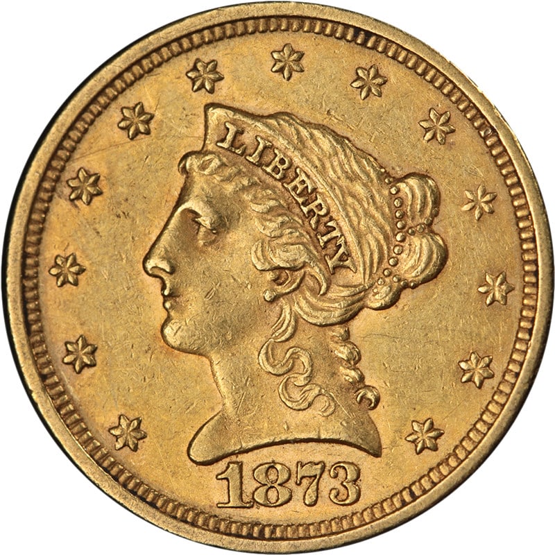 1873 Philadelphia Liberty Quarter Eagle Gold Coin Open 3 AU to BU: 1873 Philadelphia Liberty Quarter Eagle Gold Coin Open 3 AU to BU This 1873-P Liberty Gold $2.50 coin features the desirable Open '3' variety. It offers strong eye appeal with attractive luster, great
