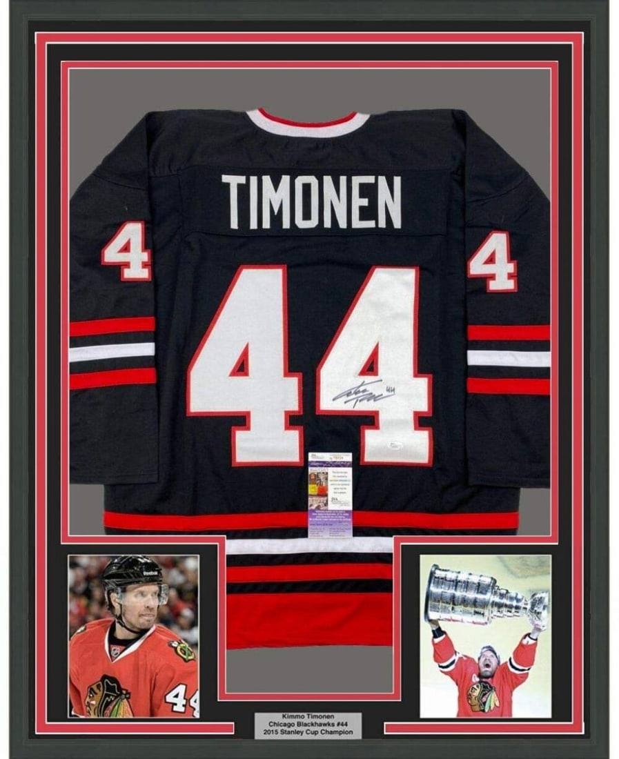 Framed Autographed Kimmo Timonen Jersey Chicago Blackhawks JSA COA 33x42: Framed Autographed Kimmo Timonen Jersey Chicago Blackhawks JSA COA 33x42 Celebrate the legacy of Kimmo Timonen with this stunning framed autographed Chicago Blackhawks jersey. This authentic NHL jerse