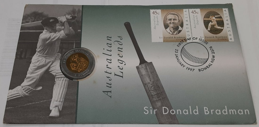 Uncirculated 1997 $5 Australia Sir Donald Bradman Coin with Stamps First Day Cover: Uncirculated 1997 $5 Australia Sir Donald Bradman Coin with Stamps First Day Cover This 1997 Australia Sir Donald Bradman Commemorative $5 coin celebrates the legendary Australian cricketer. The coin 