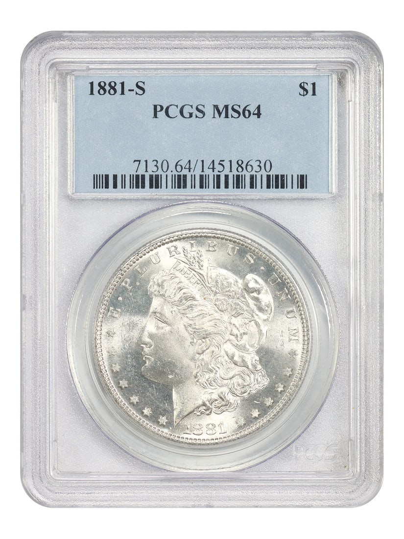 PCGS MS64 1881-S Morgan Silver Dollar: PCGS MS64 1881-S Morgan Silver Dollar This 1881-S Morgan Dollar is graded MS64 by PCGS and is an uncirculated example from the San Francisco Mint. Recognized as a popular collector date, this coin is 