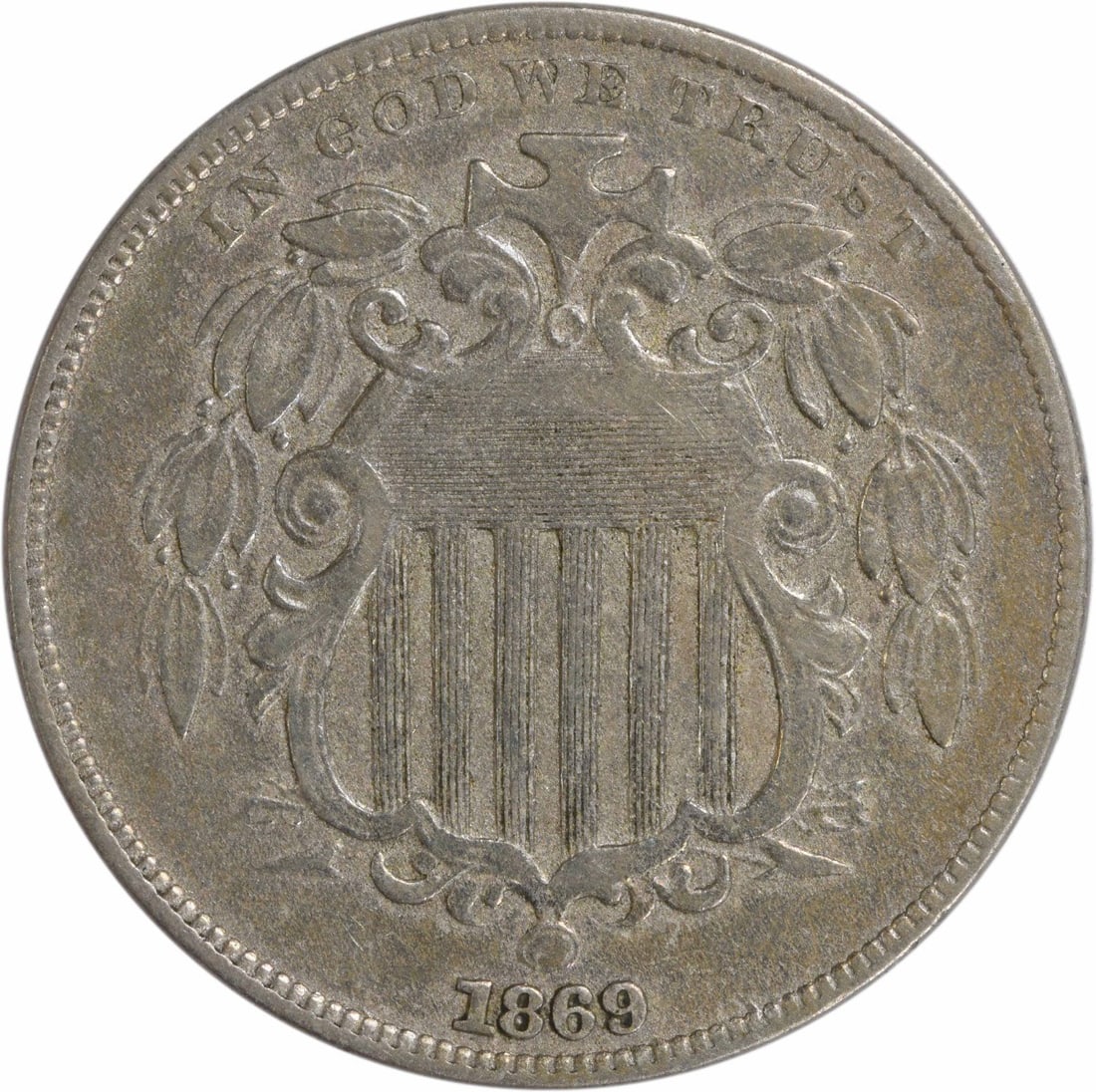 1869 Shield Nickel EF Uncertified 5C USA Coin: 1869 Shield Nickel EF Uncertified 5C USA Coin This 1869 Shield Nickel, featuring the iconic design by James Barton Longacre, is a historical piece of currency from the United States. It is classified 