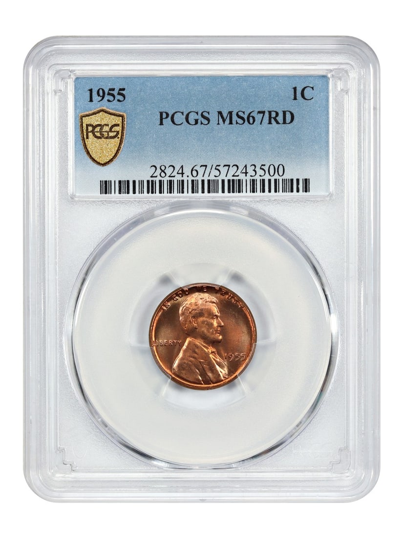 PCGS MS67RD 1955 Lincoln Wheat Reverse Cent: PCGS MS67RD 1955 Lincoln Wheat Reverse Cent This 1955 Lincoln Cent features the classic Wheat Reverse design and has been graded MS67RD by PCGS, indicating an uncirculated coin with a red designation.