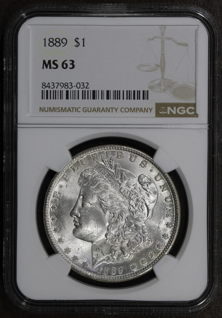 NGC MS63 1889 Morgan Silver Dollar Philadelphia Mint: NGC MS63 1889 Morgan Silver Dollar Philadelphia Mint This 1889 Morgan Silver Dollar is graded MS63 by NGC and was minted in Philadelphia. Struck in 0.9 fine silver, this uncirculated coin is a beautif