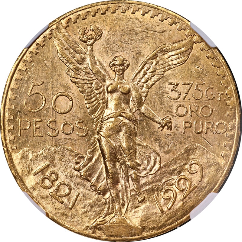 NGC MS62 1929 Mexico Gold 50 Peso Uncirculated Coin: NGC MS62 1929 Mexico Gold 50 Peso Uncirculated Coin This 1929 Mexico Gold 50 Peso coin is certified by NGC with a grade of MS62. The coin is composed of 90% gold and is uncirculated, showcasing great 