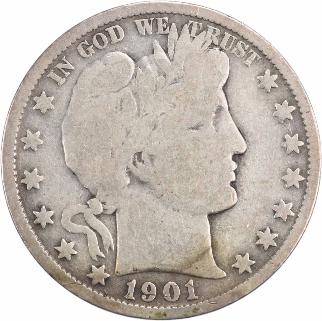 1901-S Barber Half Dollar 50C Silver Coin by Charles E Barber: 1901-S Barber Half Dollar 50C Silver Coin by Charles E Barber This 1901-S Barber Silver Half Dollar is a remarkable piece for any coin collector. Struck at the San Francisco Mint, this coin features t