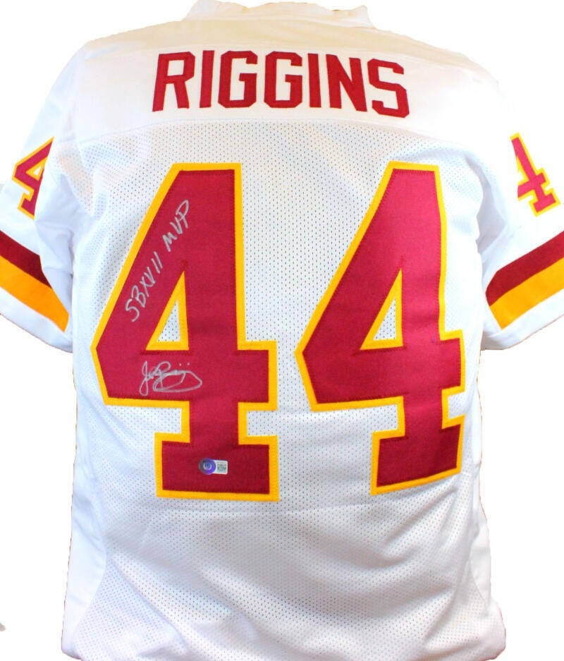John Riggins Autographed White Jersey with SB MVP Beckett Hologram: John Riggins Autographed White Jersey with SB MVP Beckett Hologram This original white pro style jersey is autographed by NFL legend John Riggins, who is renowned for his outstanding career with the W