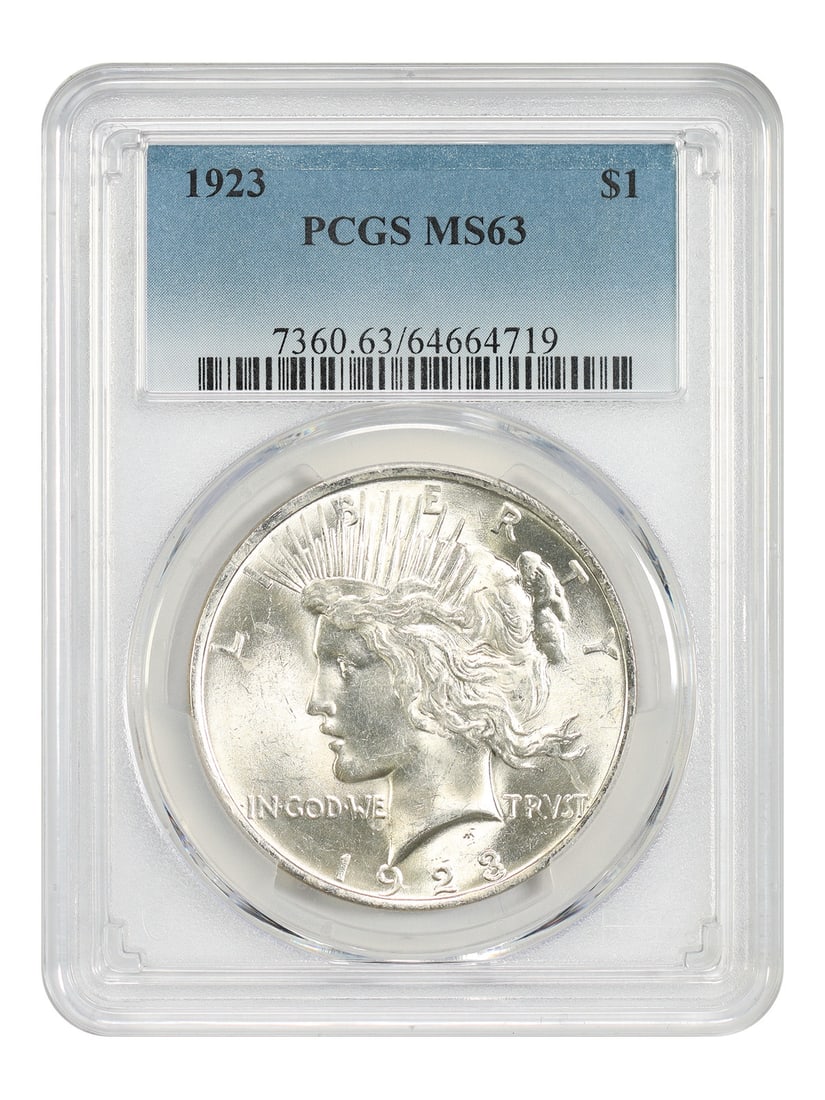 1923 Peace Dollar Uncirculated PCGS MS63 Philadelphia Mint: 1923 Peace Dollar Uncirculated PCGS MS63 Philadelphia Mint This 1923 Peace Dollar is graded MS63 by PCGS and remains uncirculated. Minted in Philadelphia, this pre-owned coin is part of the renowned P