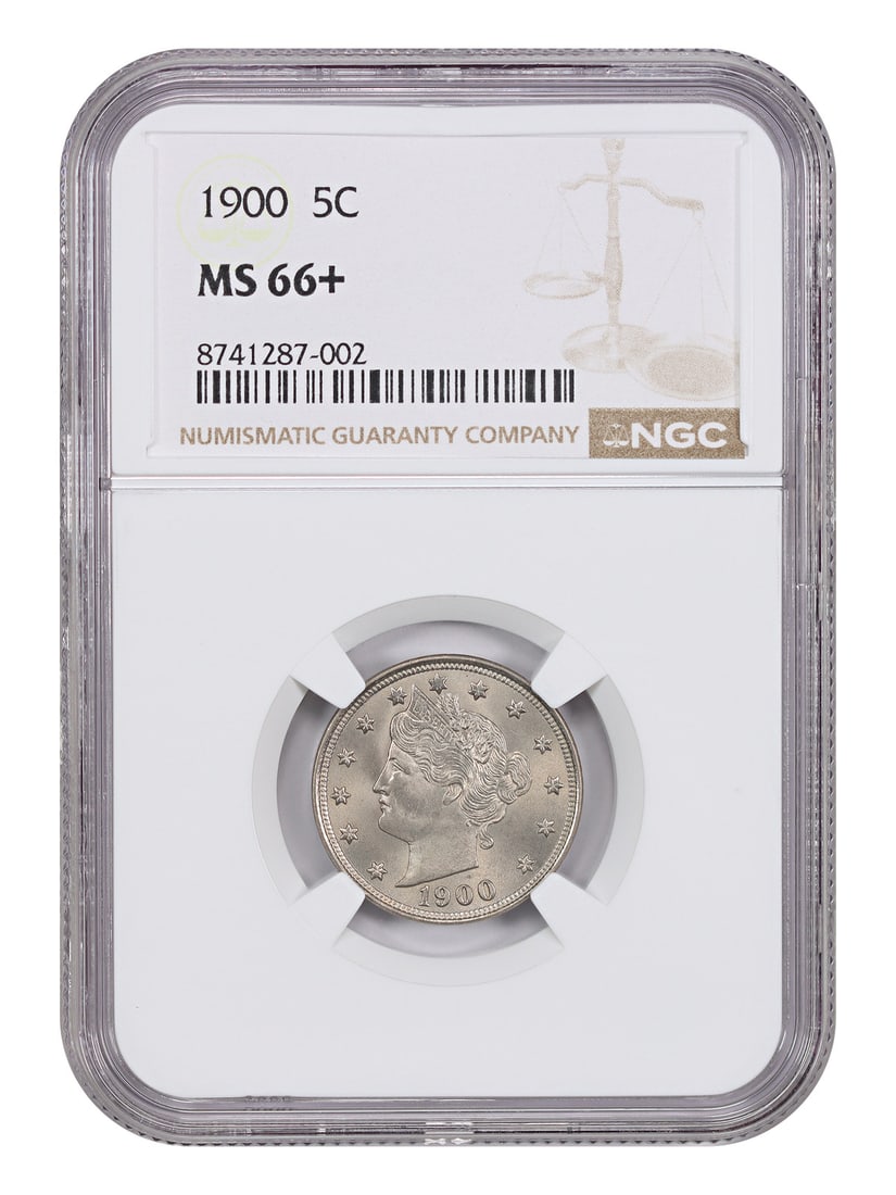 NGC MS66 Plus 1900 Liberty Nickel Five Cent Uncirculated Coin: NGC MS66 Plus 1900 Liberty Nickel Five Cent Uncirculated Coin This 1900 Liberty Nickel is graded MS66+ by NGC, indicating an uncirculated coin with exceptional quality and eye appeal. The coin display