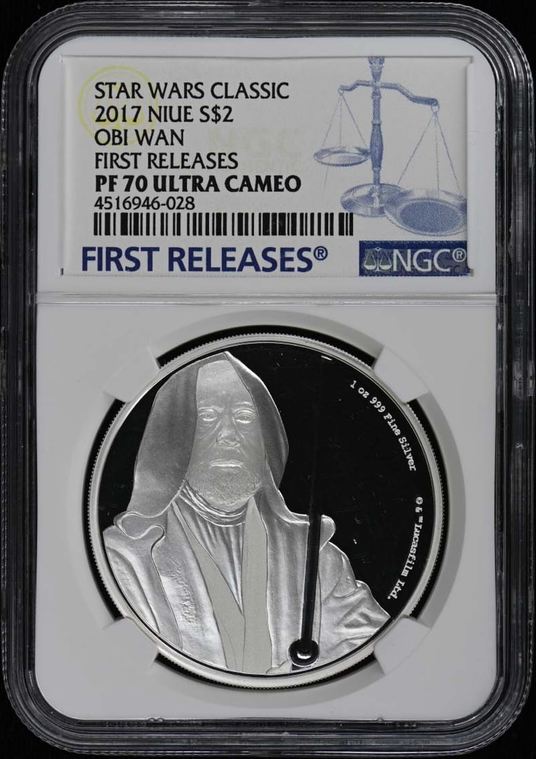 NGC PR70 2017 Niue $2 Obi-Wan Kenobi Coin First Releases: NGC PR70 2017 Niue $2 Obi-Wan Kenobi Coin First Releases This is a 2017 Niue Obi-Wan Kenobi $2 coin, certified by NGC as PR70DCAM, indicating a flawless proof condition. The coin is uncirculated and c