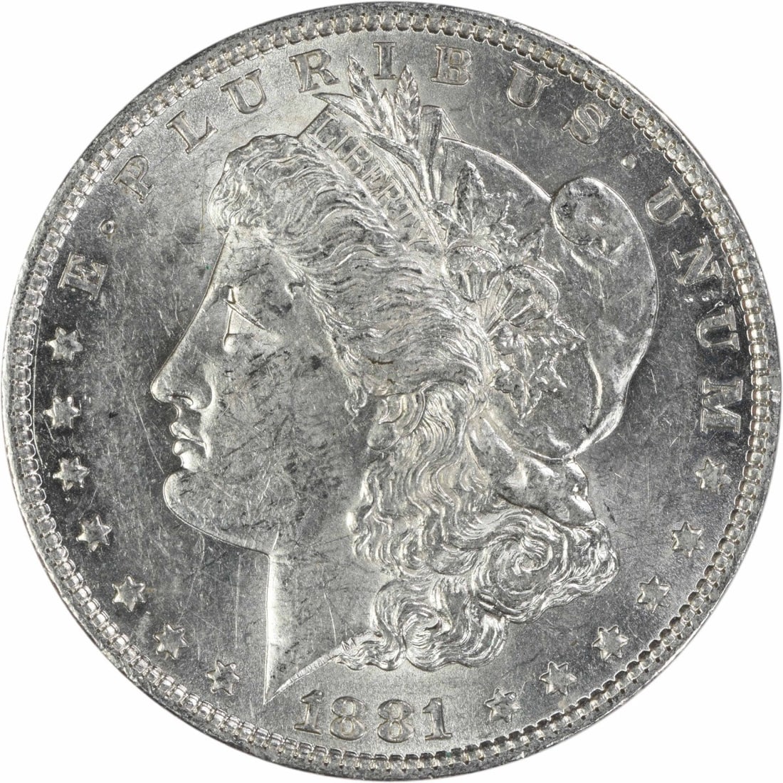 1881 O Morgan Dollar AU Uncertified New Orleans Mint: 1881 O Morgan Dollar AU Uncertified New Orleans Mint This 1881-O Morgan Silver Dollar is an ungraded, circulated coin from the New Orleans Mint. Composed of 90% silver and 10% copper, it features the 