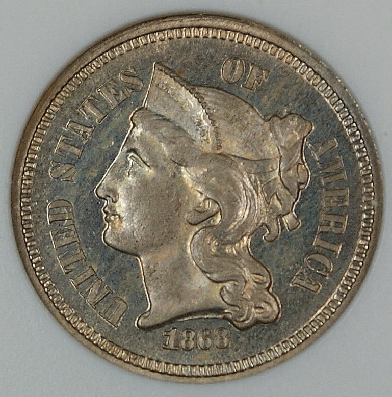 ANACS PF-66 Cameo 1868 Three Cent Nickel Proof Coin (1 of 4)
