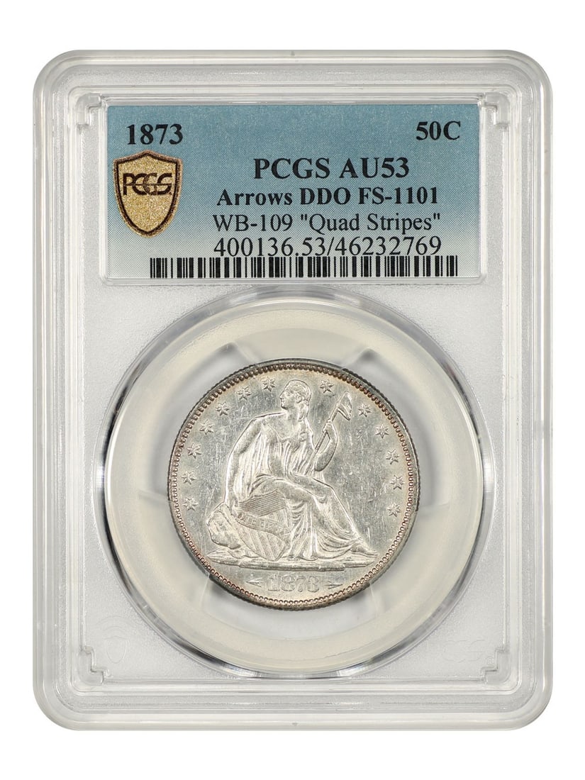 1873 Liberty Seated Half Dollar PCGS AU53 DDO FS-1101 WB-109: 1873 Liberty Seated Half Dollar PCGS AU53 DDO FS-1101 WB-109 This 1873 Liberty Seated Half Dollar is a rare variety featuring heavy doubling on the shield stripes and the word LIBERTY. Graded AU53 by 