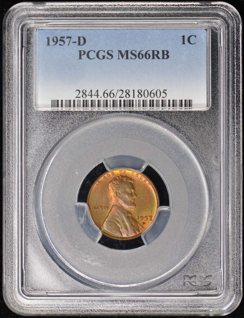 1957-D Lincoln Cent Type 1 Wheat Reverse PCGS MS66RB: 1957-D Lincoln Cent Type 1 Wheat Reverse PCGS MS66RB This 1957-D Lincoln Cent features a Type 1 Wheat Reverse and is certified by PCGS with a remarkable MS66RB grade, indicating its exceptional qualit