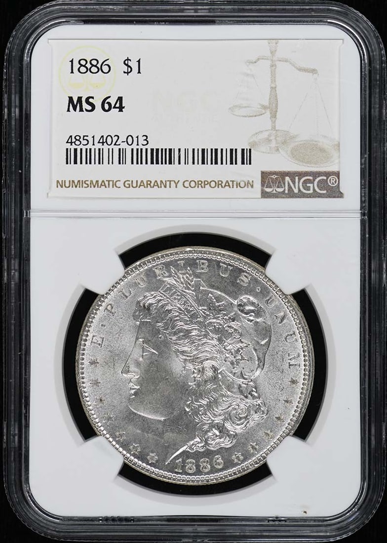 NGC MS64 1886 Philadelphia Morgan Silver Dollar: NGC MS64 1886 Philadelphia Morgan Silver Dollar This 1886 Morgan Dollar is a United States silver coin graded MS64 by NGC. Struck in Philadelphia, it remains uncirculated and is in pre-owned condition