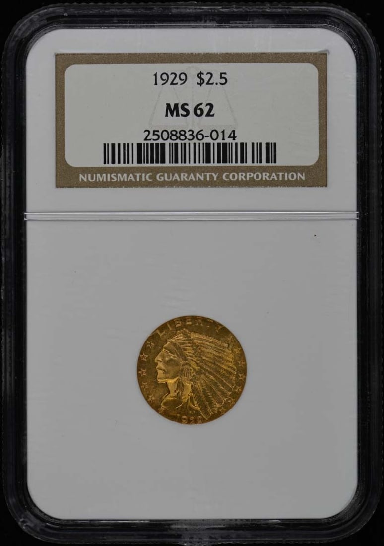 1929 Indian Head Quarter Eagle NGC MS62: 1929 Indian Head Quarter Eagle NGC MS62 This 1929 Indian Head $2.50 gold coin has been professionally graded as MS62 by NGC. Struck in Philadelphia, it is an uncirculated coin from the United States, 