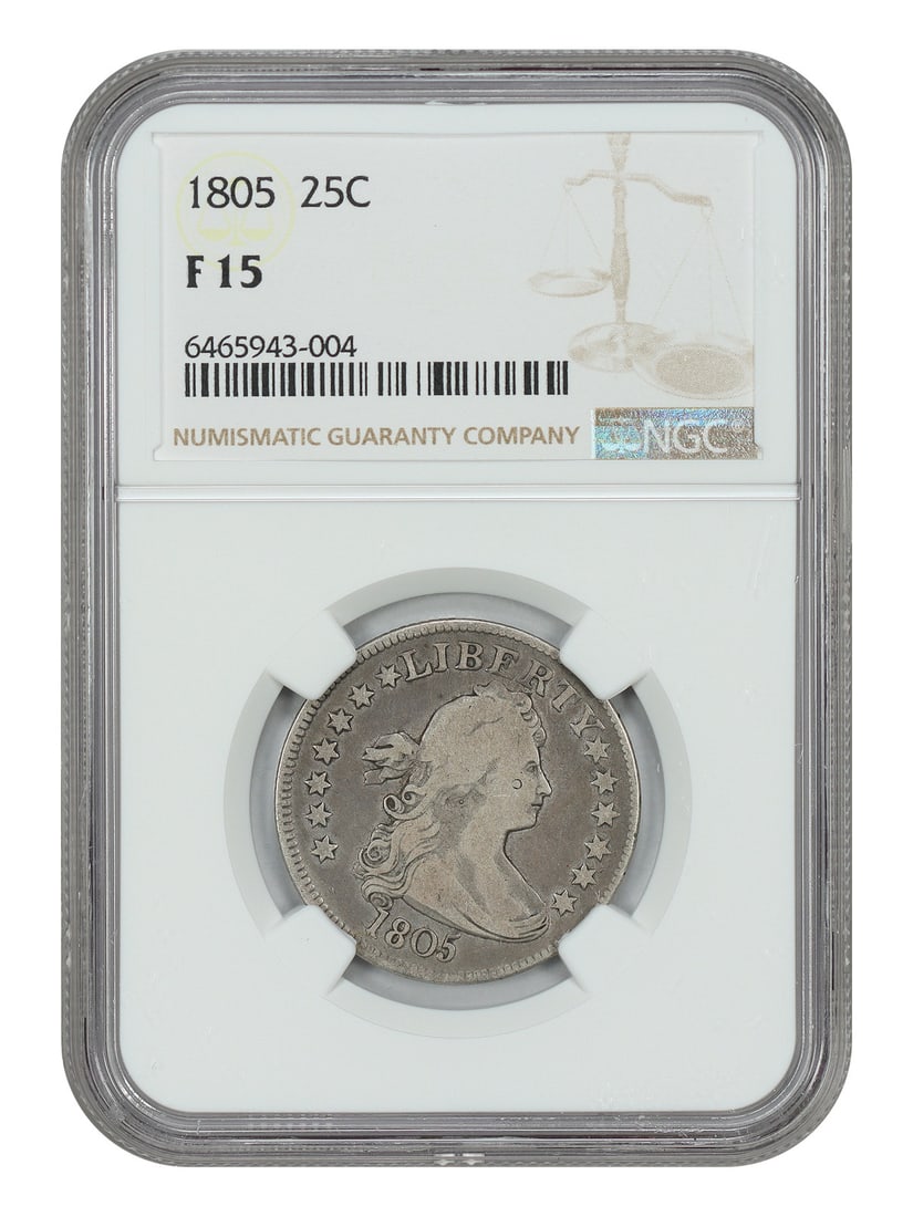 1805 Draped Bust Quarter NGC Fine 15: 1805 Draped Bust Quarter NGC Fine 15 This 1805 Draped Bust Quarter is a circulated coin graded Fine 15 by NGC. Featuring a dove-grey patina and even wear across the high points, it offers a classic ap