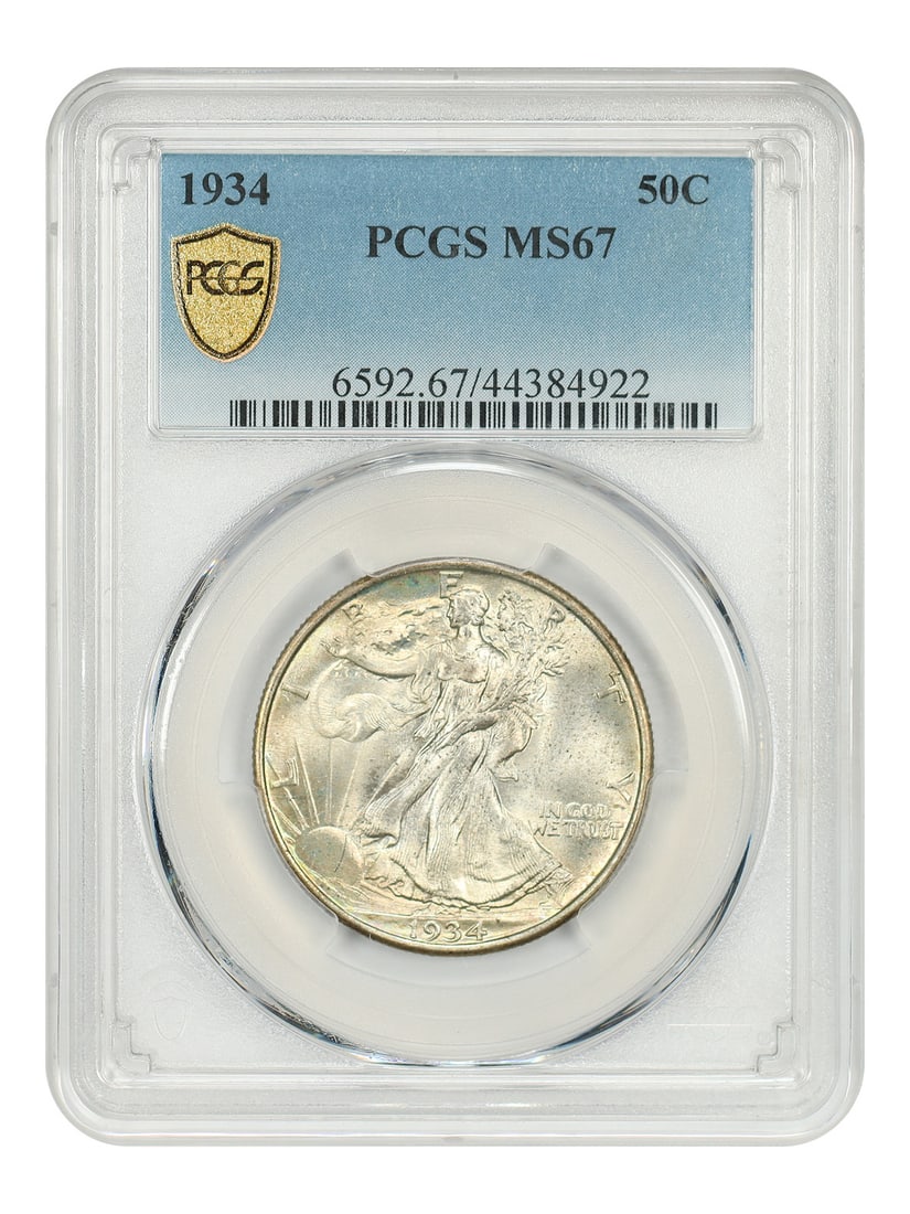 PCGS MS67 1934 Philadelphia Walking Liberty 50C Half Dollar: PCGS MS67 1934 Philadelphia Walking Liberty 50C Half Dollar This 1934 Walking Liberty Half Dollar is graded MS67 by PCGS, indicating a high-quality, uncirculated coin. The piece features lustrous surf