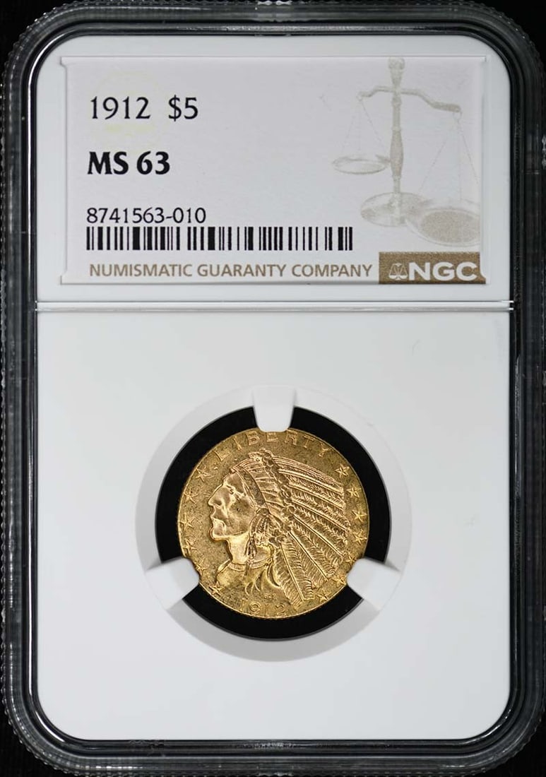 1912 Indian Head Five Dollar NGC MS63 Gold Coin: 1912 Indian Head Five Dollar NGC MS63 Gold Coin This is a 1912 Indian $5 gold coin, certified by NGC with a grade of MS63. The coin is uncirculated and originates from the Philadelphia Mint. It is a p
