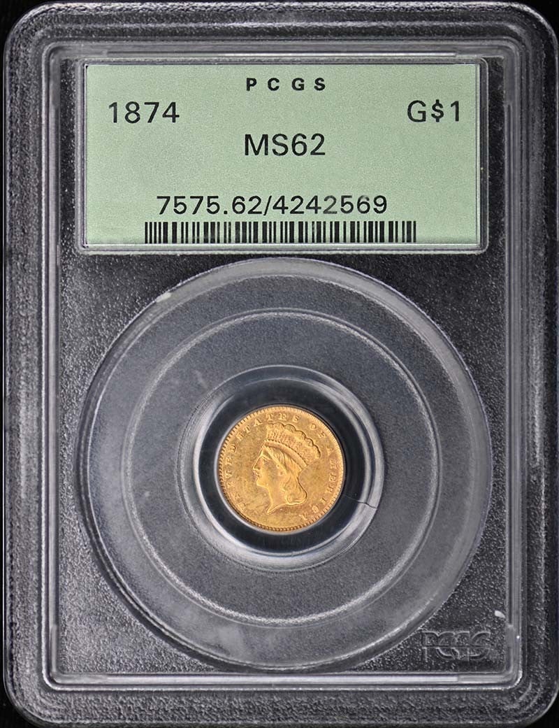 PCGS MS62 1874 United States Gold Dollar: PCGS MS62 1874 United States Gold Dollar This is an 1874 Gold Dollar graded MS62 by PCGS. The coin is uncirculated and was minted in the United States. It is a pre-owned collectible, certified by