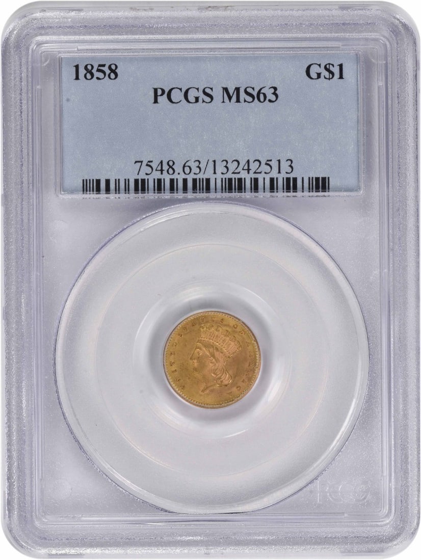 1858 $1 Gold Liberty Head MS63 Uncirculated PCGS Certified: 1858 $1 Gold Liberty Head MS63 Uncirculated PCGS Certified This exquisite 1858 $1 Gold Liberty Head coin is an uncirculated piece certified by PCGS with a grade of MS63. Struck in Philadelphia, it fea