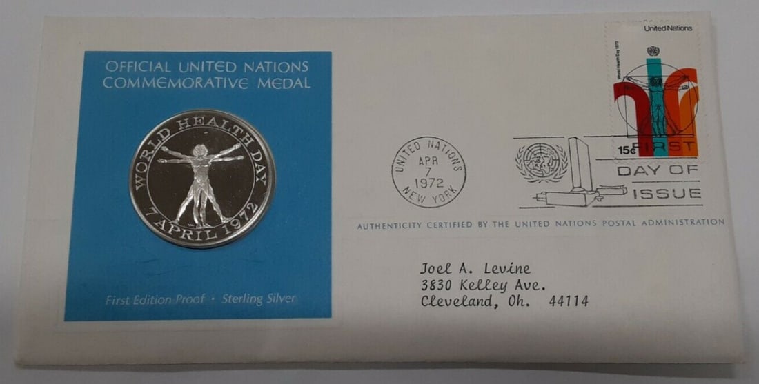 1972 United Nations First Day Cover with Sterling Silver World Health Day Medal (1 of 2)