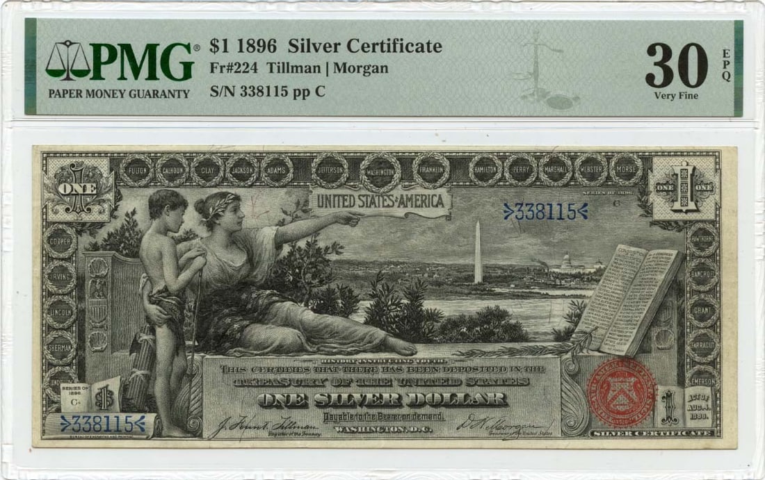 1896 United States $1 Silver Certificate PMG VF30 EPQ FR#224: 1896 United States $1 Silver Certificate PMG VF30 EPQ FR#224 This is a 1896 $1 Silver Certificate from the United States, graded VF30 by PMG. The note is circulated and comes with PMG certification,
