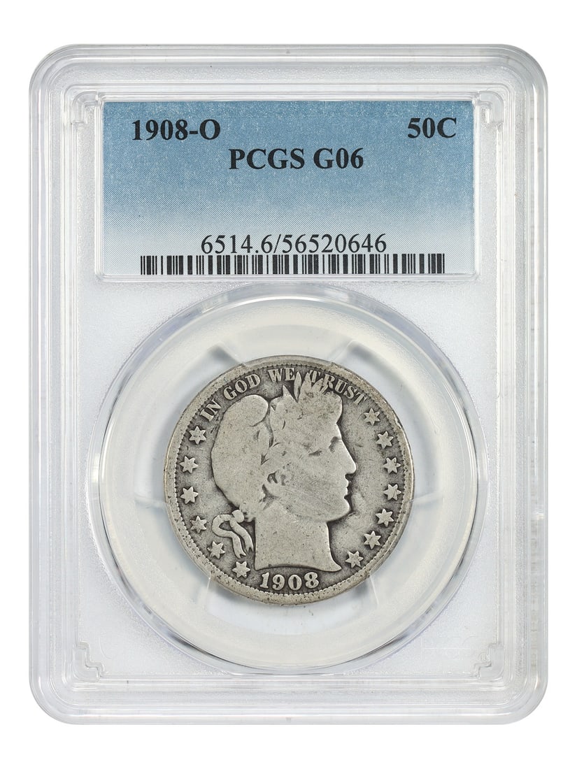 1908-O PCGS Good 06 Barber Half Dollar 50C New Orleans: 1908-O PCGS Good 06 Barber Half Dollar 50C New Orleans This 1908 Barber Half Dollar was minted in New Orleans and is graded Good 06 by PCGS. It is a circulated coin from the Barber Half Dollar series,