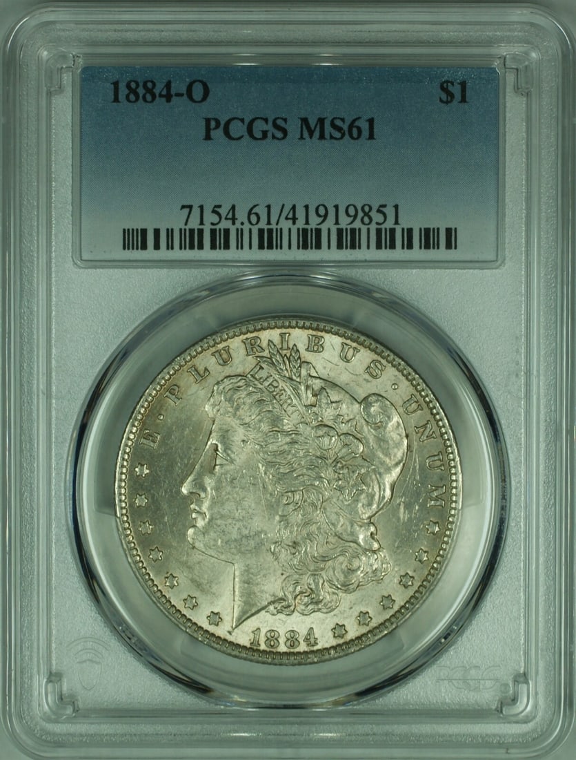 PCGS MS61 1884-O Morgan Dollar Lightly Toned: PCGS MS61 1884-O Morgan Dollar Lightly Toned This is an 1884-O Morgan Silver Dollar, certified by PCGS with a grade of MS-61. The coin is lightly toned and remains uncirculated. Minted in New Orleans,