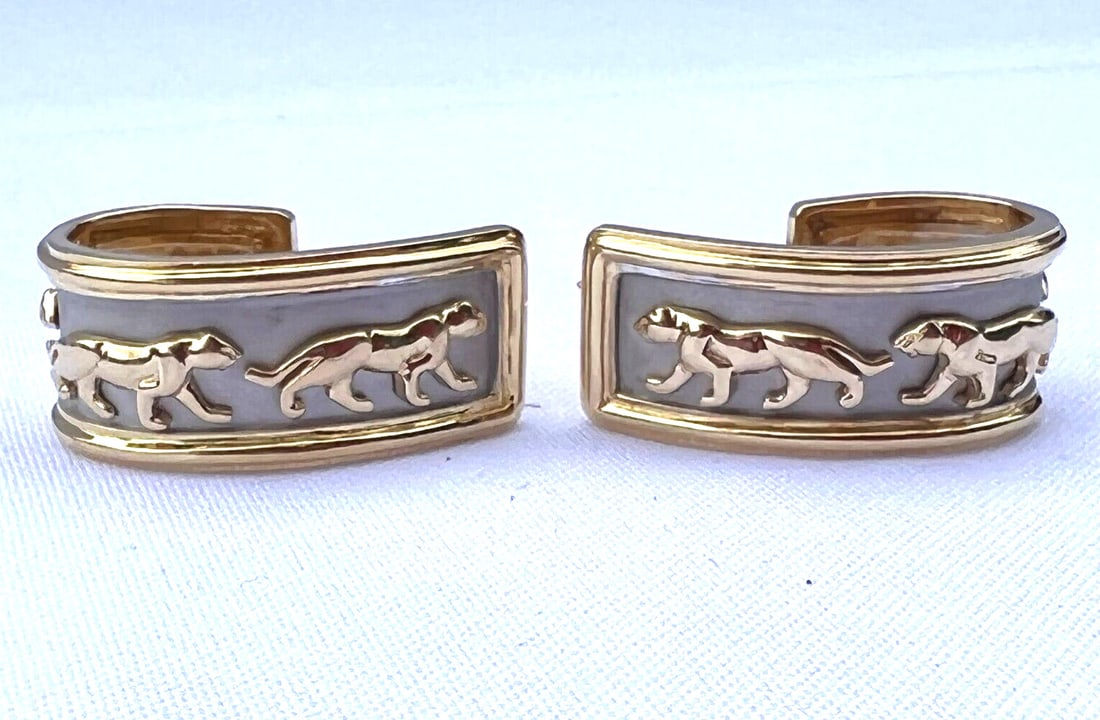 14K Yellow Gold Cartier Style Panther Earrings: 14K Yellow Gold Cartier Style Panther Earrings Elevate your style with this stunning pair of 14K yellow gold earrings, designed in the iconic Cartier style. These exquisite earrings showcase remarkabl