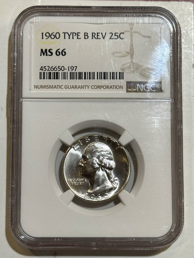 1960 P Washington Quarter NGC MS-66 TYPE B Proof Reverse: 1960 P Washington Quarter NGC MS-66 TYPE B Proof Reverse This 1960 P Washington Quarter is certified by NGC with a grade of MS-66, indicating it is in uncirculated condition. Struck at the Philadelphi