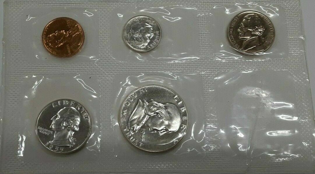 1955 Flat Pack US Proof Coin Set Sealed Lacking Mint Seal: 1955 Flat Pack US Proof Coin Set Sealed Lacking Mint Seal This 1955 U.S. Proof Set includes coins from cent through half dollar denominations, produced at the Philadelphia Mint. The set is uncirculate