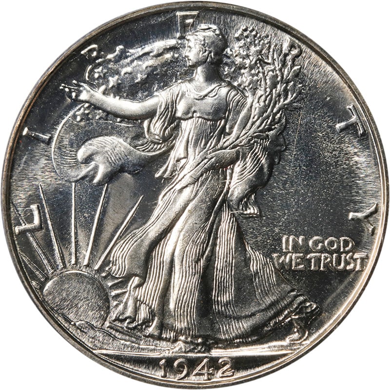 PCGS PR66 1942 Walking Liberty Silver Half Dollar Proof Coin: PCGS PR66 1942 Walking Liberty Silver Half Dollar Proof Coin This original 1942 Walking Liberty Half Dollar is a proof coin graded PCGS PR66, featuring superb eye appeal, fantastic luster, and a stron