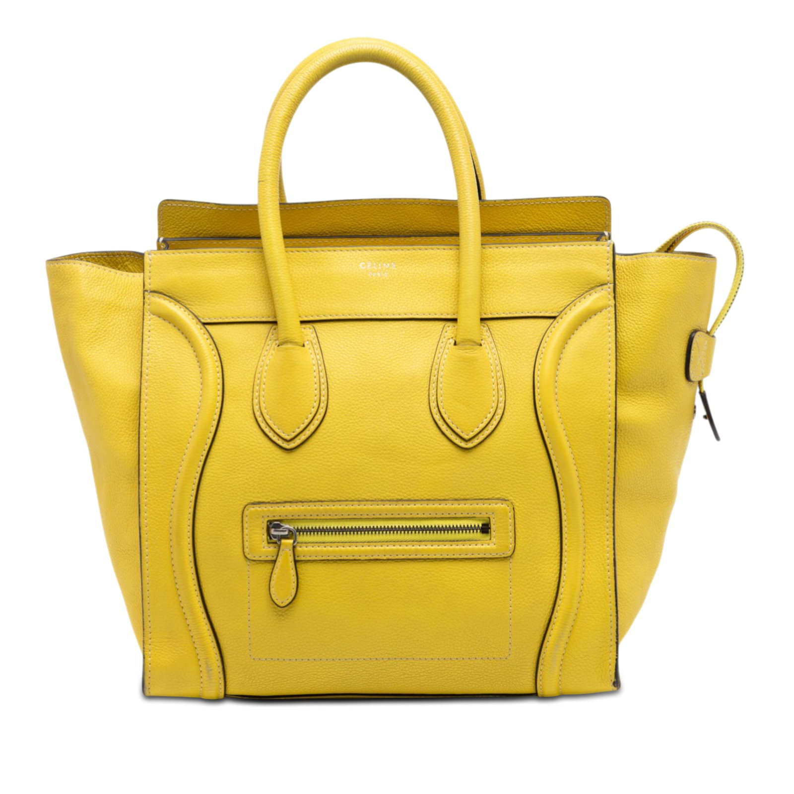 Celine yellow leather mini luggage tote with zip pockets: Celine yellow leather mini luggage tote with zip pockets This Celine Mini Grained Calfskin Luggage Tote is crafted in yellow leather and features rolled leather handles, a top zip closure, an exterior