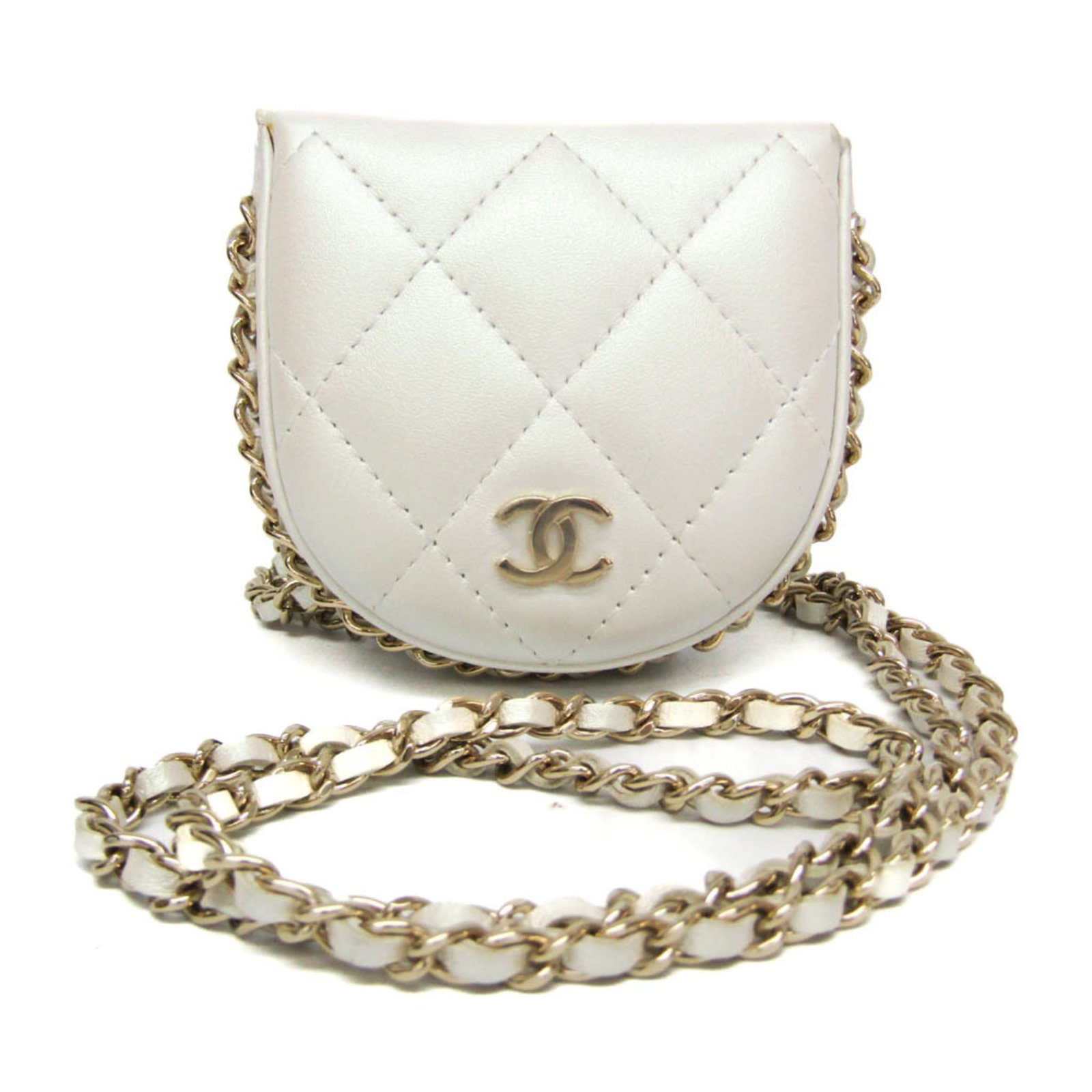 Chanel Quilted Caviar Coin Purse with Chain White Leather: Chanel Quilted Caviar Coin Purse with Chain White Leather This Chanel Chain Around Coin Purse features a quilted caviar leather construction in white, complemented by a chain strap. Designed for women