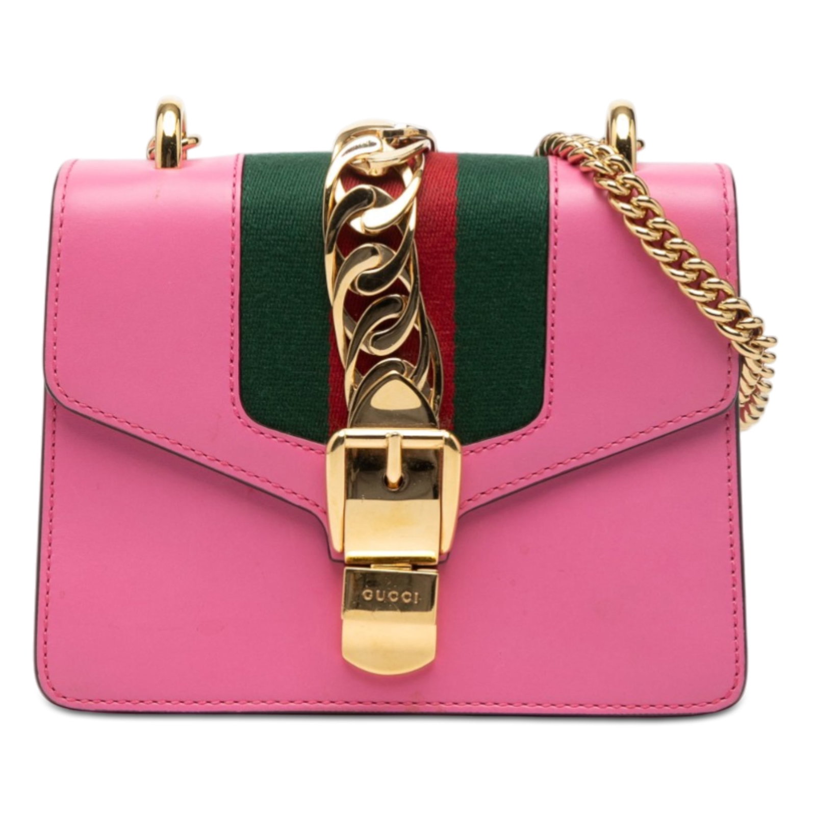 Gucci Sylvie pink leather chain crossbody bag: Gucci Sylvie pink leather chain crossbody bag This Gucci Mini Calfskin Web Sylvie Chain Crossbody features a pink leather body accented with a chain link shoulder strap and a detachable flat canvas st