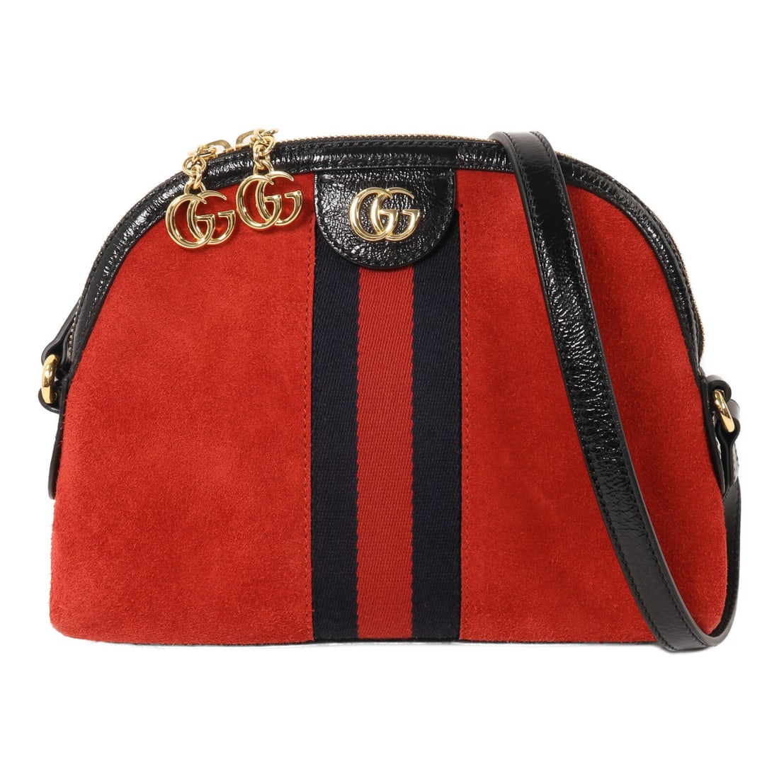 Gucci Ophidia GG red suede shoulder bag: Gucci Ophidia GG red suede shoulder bag This Gucci Ophidia GG shoulder bag features a sophisticated design in red suede with patent leather accents. The bag is detailed with gold-tone hardware and off