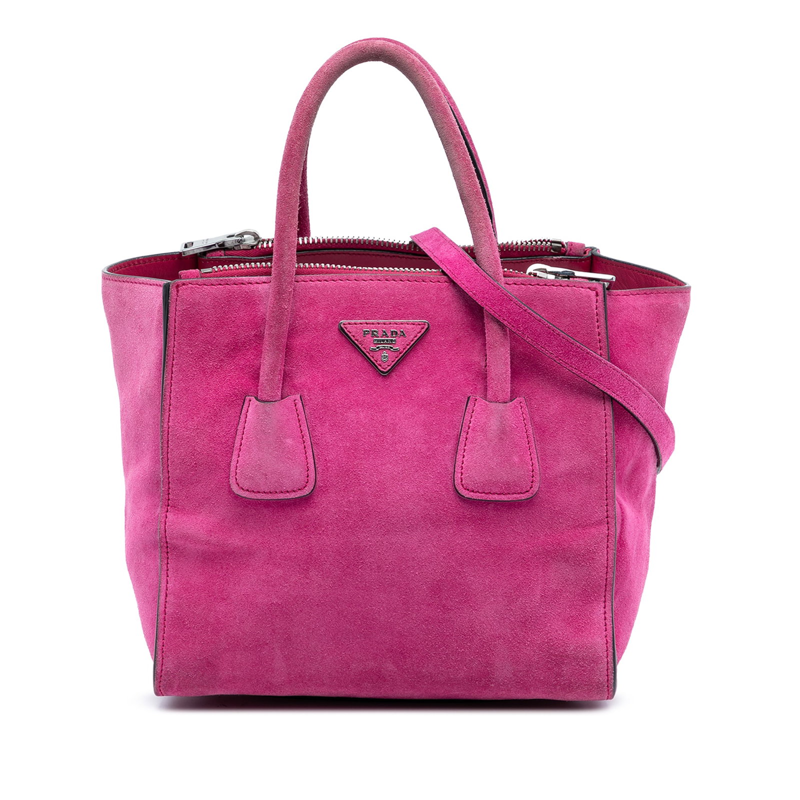 Pink Prada Twin Pocket Suede Leather Small Satchel with Detachable Strap: Pink Prada Twin Pocket Suede Leather Small Satchel with Detachable Strap This Prada Small Scamosciato Twin Pocket Satchel features a pink suede body with rolled handles and a detachable flat leather s