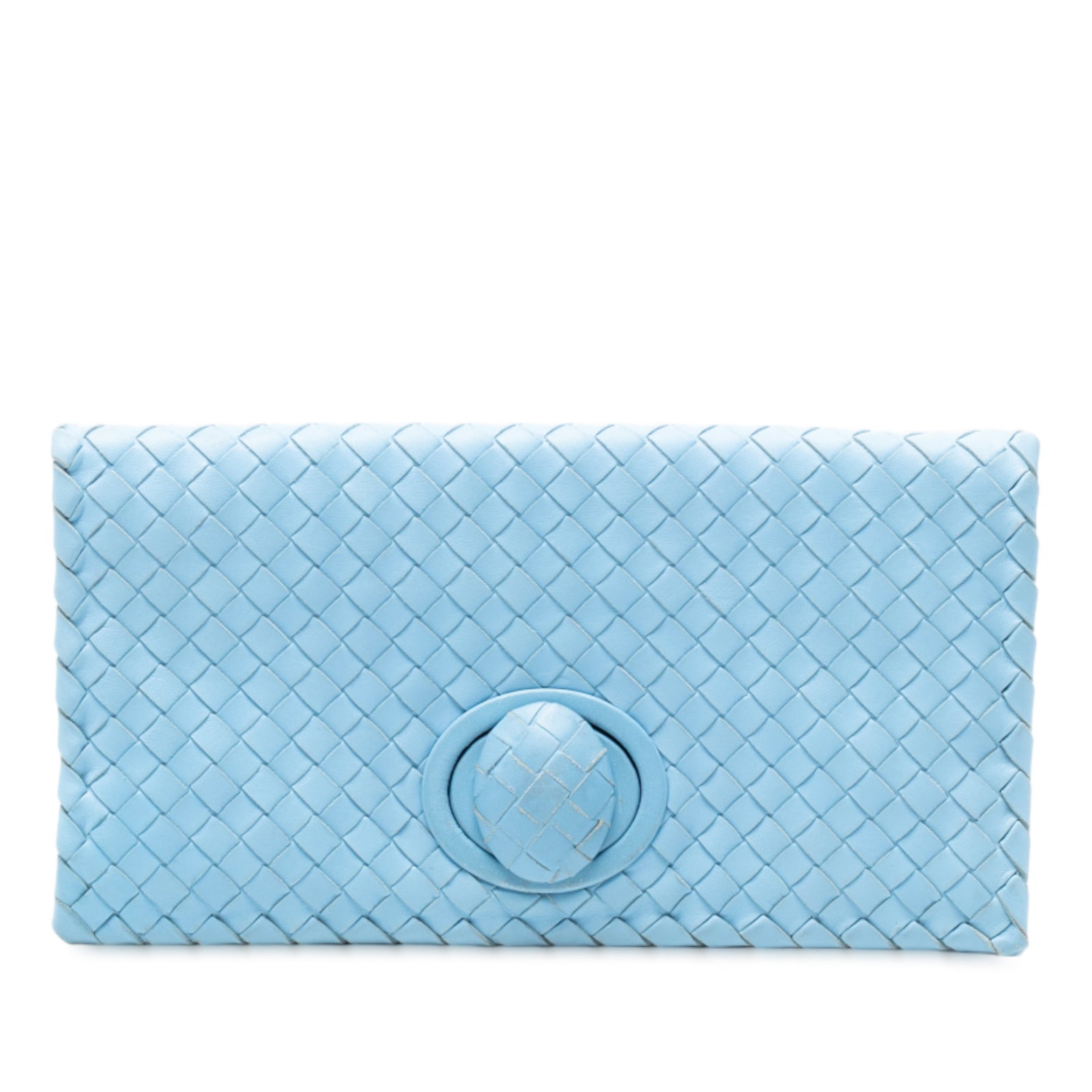 Bottega Veneta Blue Nappa Intrecciato Turn Lock Clutch Bag: Bottega Veneta Blue Nappa Intrecciato Turn Lock Clutch Bag This exquisite Bottega Veneta clutch bag showcases a distinctive woven nappa leather design, offering both elegance and functionality. The