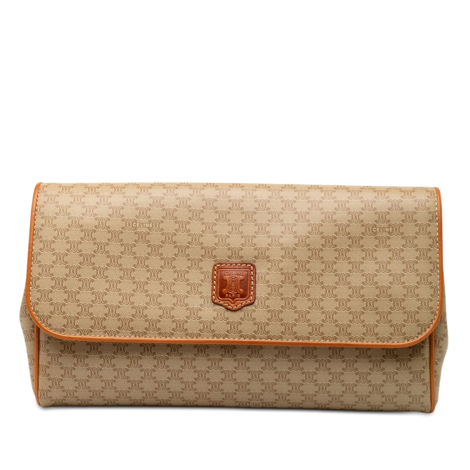 Celine Macadam Beige Coated Canvas Foldover Clutch Bag: Celine Macadam Beige Coated Canvas Foldover Clutch Bag This Celine Macadam clutch features a beige coated canvas body accented with leather trim. It offers a fold-over top with a magnetic snap button 