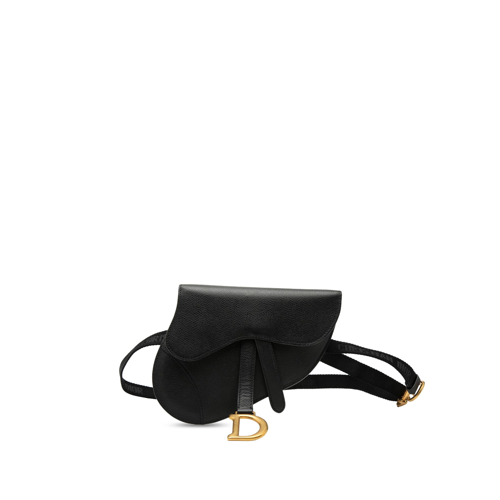 Dior Saddle Belt Pouch Grained Calfskin Leather: Dior Saddle Belt Pouch Grained Calfskin Leather This Dior Grained Calfskin Saddle Belt Pouch features a black leather body with an adjustable canvas waist strap. The design includes a front flap with 