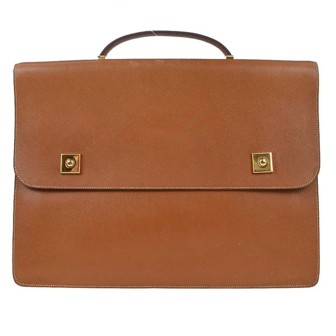 Hermes Gold Leather Briefcase Handbag Courchevel Danube OW: Hermes Gold Leather Briefcase Handbag Courchevel Danube OW This Hermes Danube 38 briefcase handbag is crafted from gold-colored leather and features a top handle and a push lock flap closure. Designed