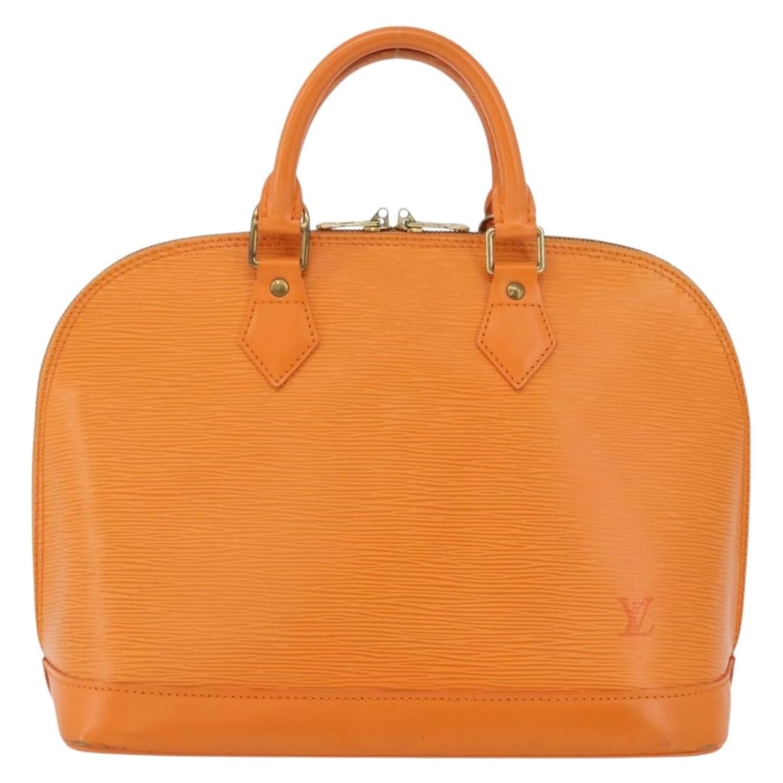 Louis Vuitton Alma Orange Leather Handbag 31cm by 24cm by 17cm: Louis Vuitton Alma Orange Leather Handbag 31cm by 24cm by 17cm This Louis Vuitton Alma handbag is crafted from orange Epi leather, designed for female use. It features a structured silhouette with met