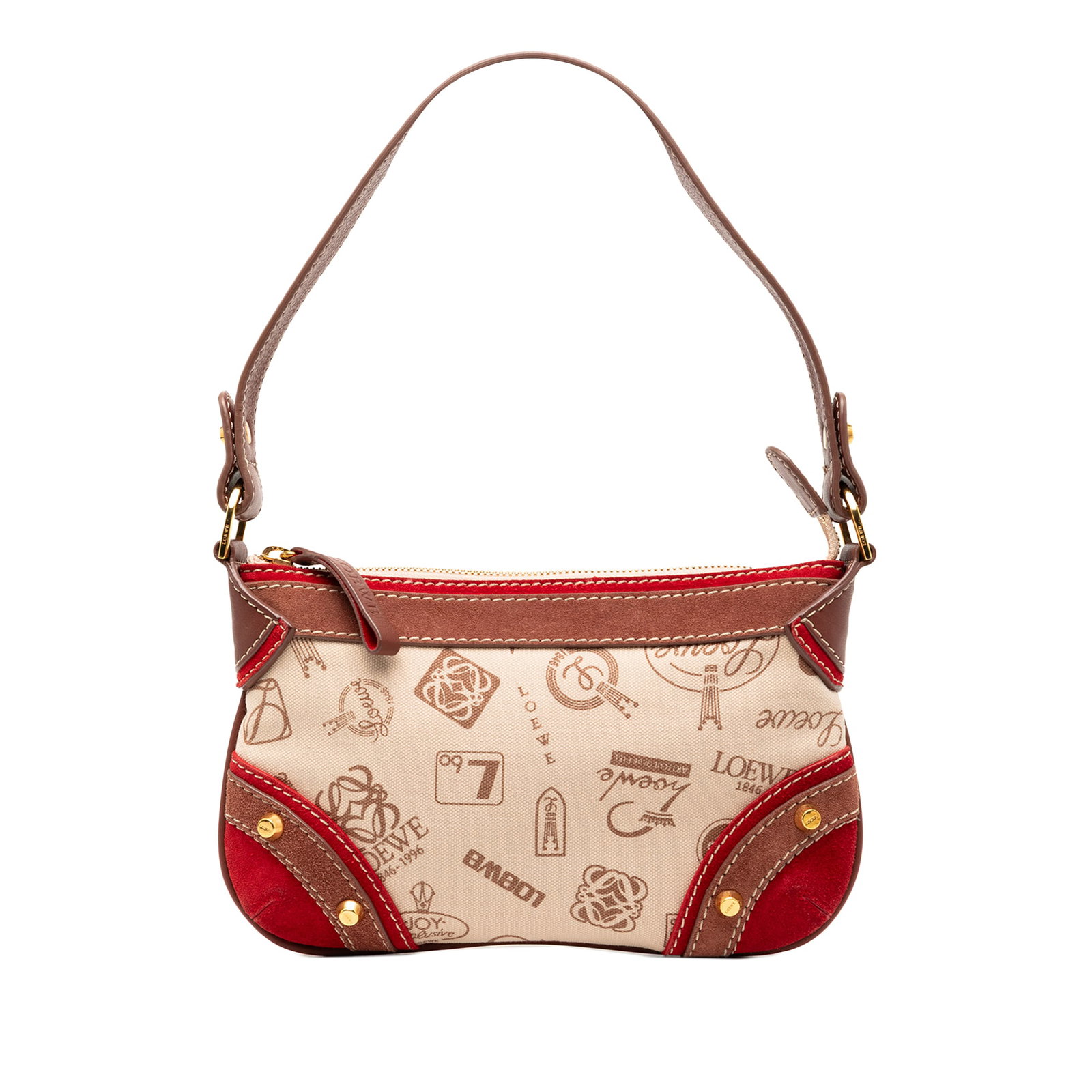 Loewe Canvas Anniversary Shoulder Bag with Suede Leather Trim: Loewe Canvas Anniversary Shoulder Bag with Suede Leather Trim This LOEWE 160th Anniversary shoulder bag features a canvas body with leather trim, a flat shoulder strap, a top zip closure, and an inter