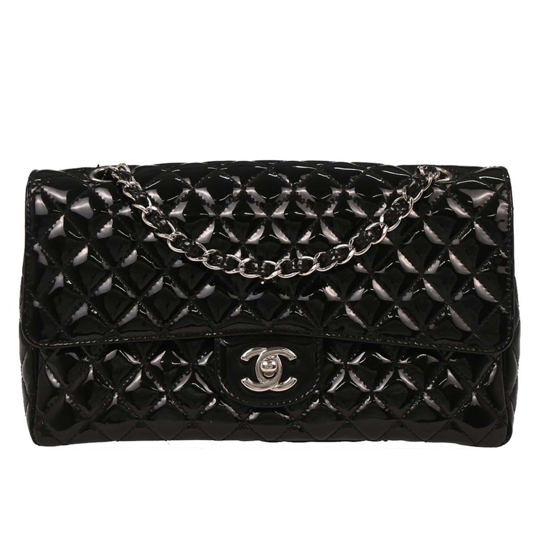 Medium Chanel Shoulder Bag in Black Patent Leather with Chain Strap: Medium Chanel Shoulder Bag in Black Patent Leather with Chain Strap This Chanel shoulder bag features black patent leather and a flap turnlock closure. It is designed with an adjustable chain
