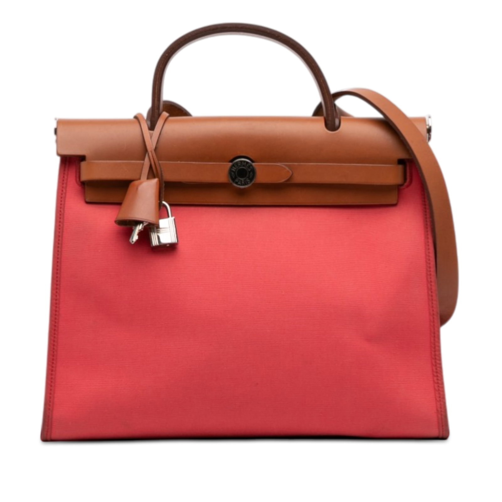 Red Canvas and Leather Herbag Zip 31 Shoulder Bag by Hermes: Red Canvas and Leather Herbag Zip 31 Shoulder Bag by Hermes The Hermes Toile Herbag Zip 31 is a versatile handbag featuring a canvas body with leather trim, a flat leather top handle, and a flat leath
