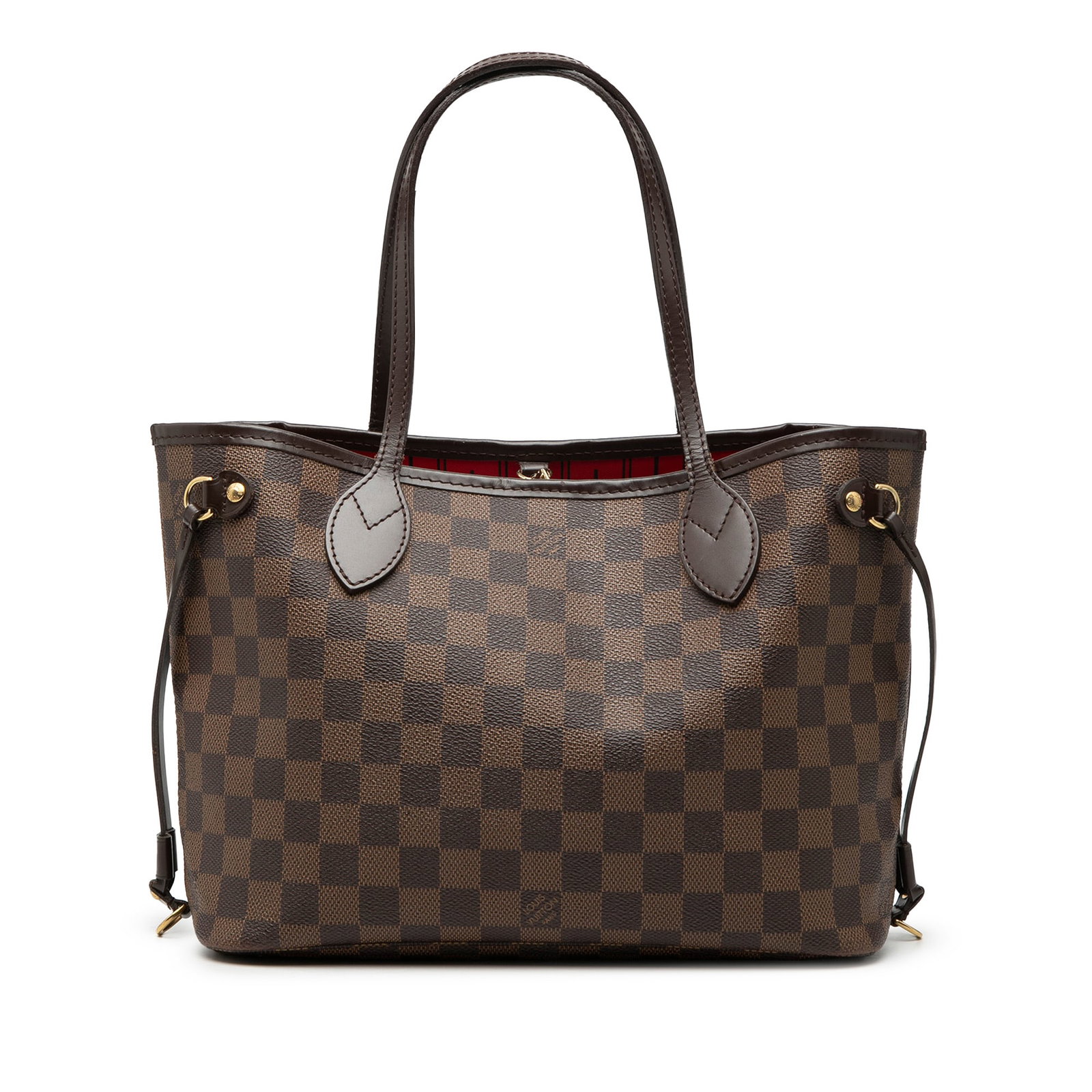 Louis Vuitton Damier Ebene PM tote with leather trim: Louis Vuitton Damier Ebene PM tote with leather trim This Louis Vuitton Damier Ebene Neverfull PM features a classic Damier canvas body with leather trim, flat leather straps, a top lobster claw clasp