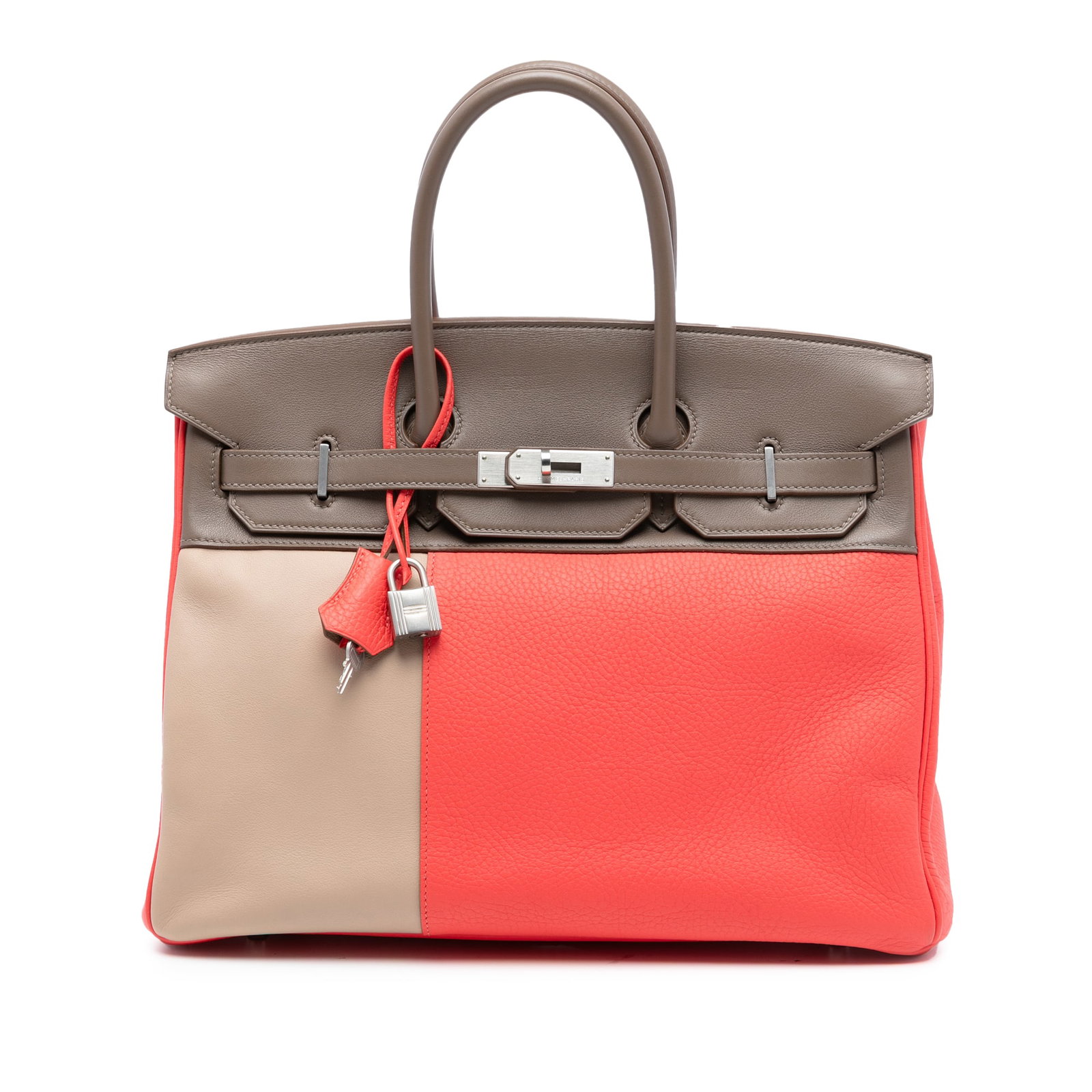 Birkin 35 Tricolor Leather Cascade Retourne Bag in Rose Jaipur Etoupe Argile: Birkin 35 Tricolor Leather Cascade Retourne Bag in Rose Jaipur Etoupe Argile This Birkin 35 handbag showcases a combination of Swift and Clemence leather in Rose Jaipur, Etoupe, and Argile colors. It 