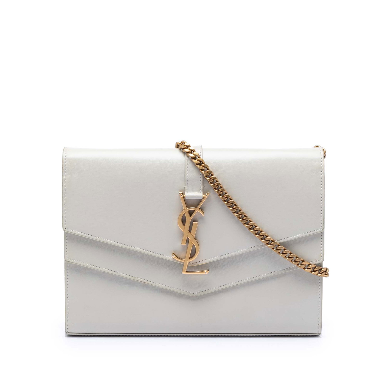 Saint Laurent Sulpice white leather chain wallet crossbody: Saint Laurent Sulpice white leather chain wallet crossbody This Saint Laurent Leather Monogram Sulpice Chain Wallet is crafted from white leather and features a gold-tone curb chain strap with a leath